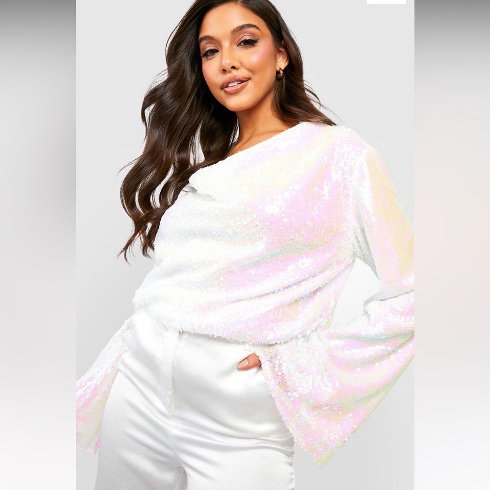 Cowl flare sleeve sequin blouse from Boohoo